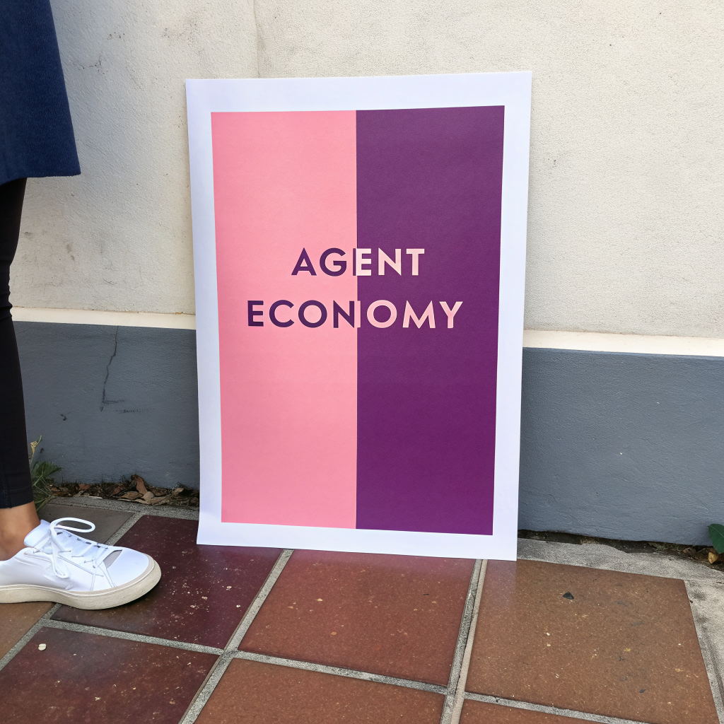 Risograph poster, two-color blush rose and deep violet, bold grotesk type reading AGENT ECONOMY