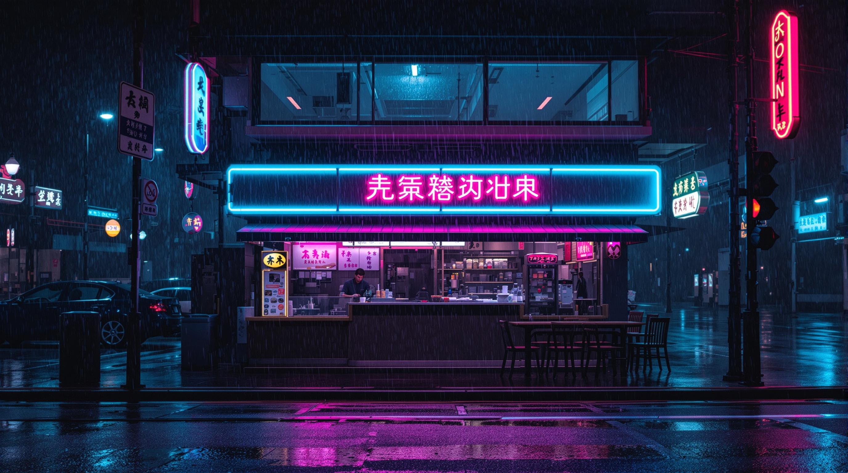 Cinematic still, neon ramen counter at night, rain on glass, anamorphic, teal and magenta