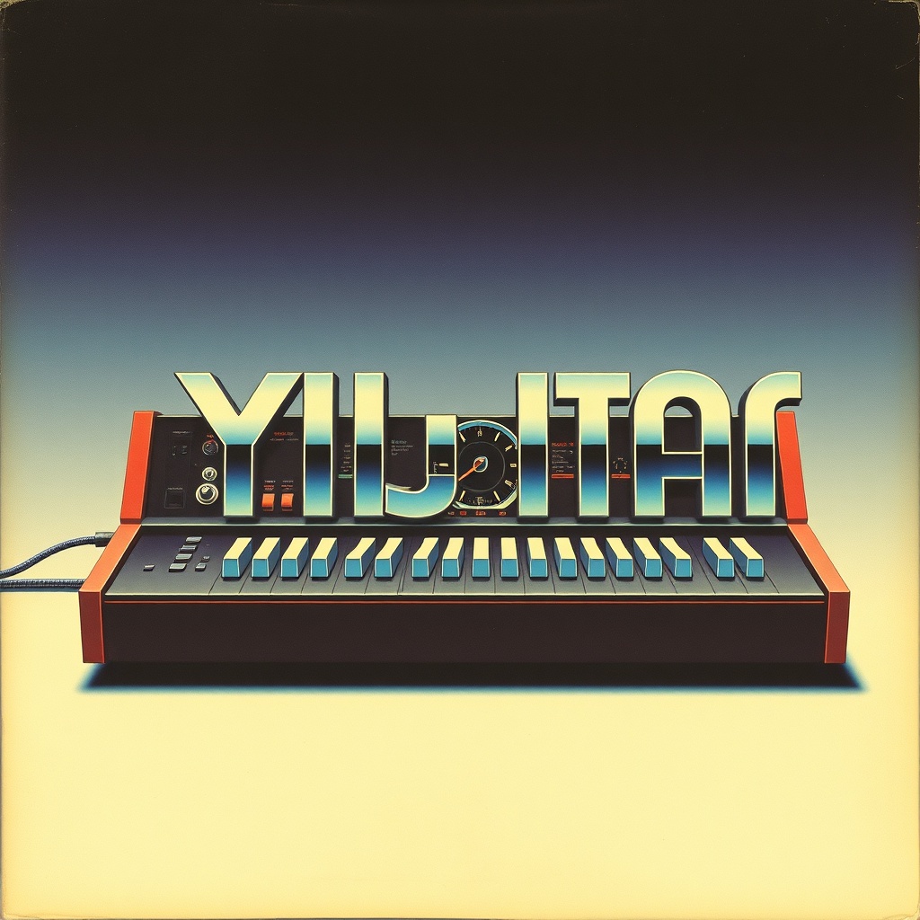 Album cover art, vintage analog synthesizer, chrome lettering, retro-futuristic gradient