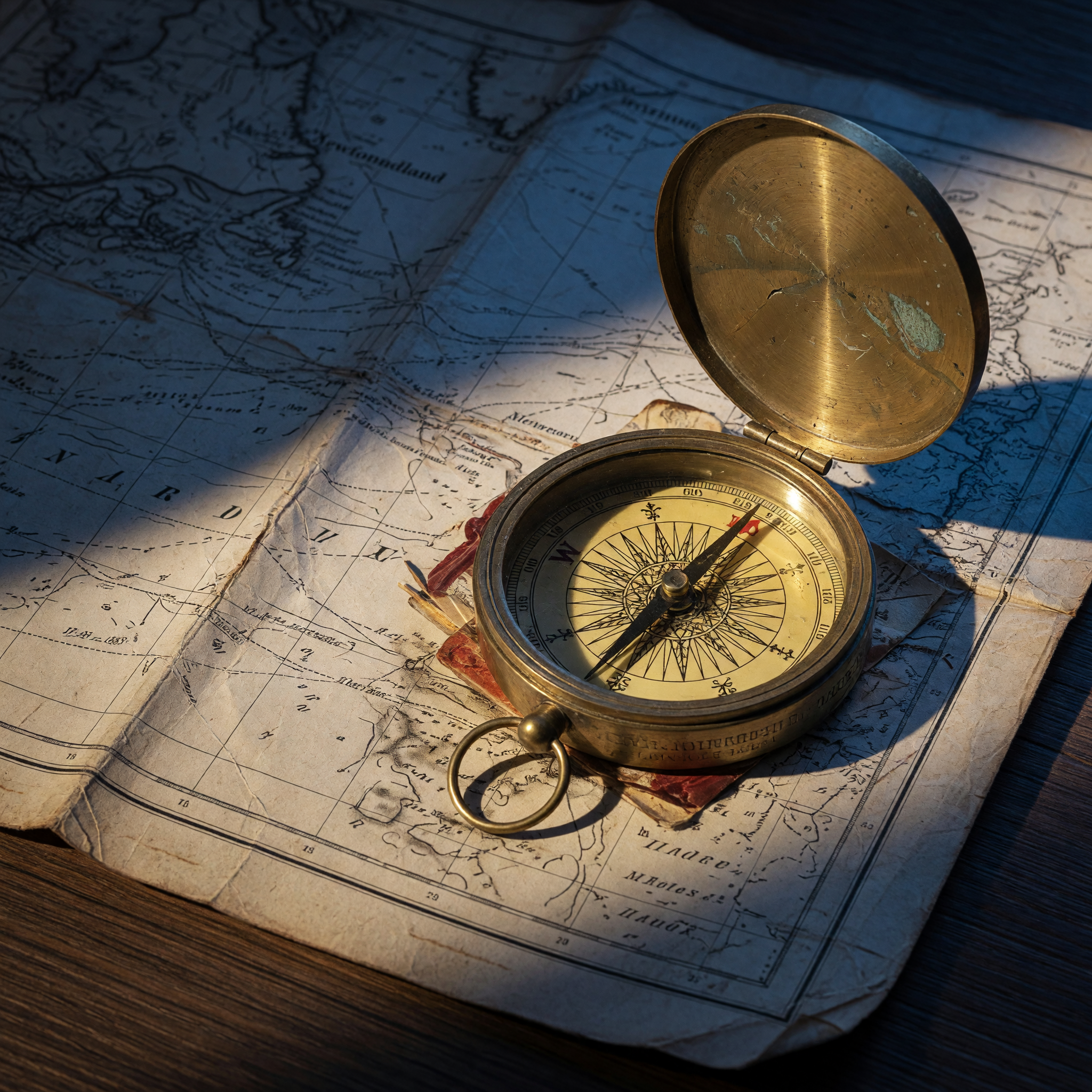 A weathered brass compass on a navigator's map, dramatic side light