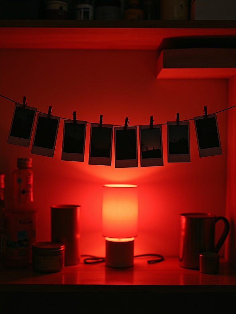 Darkroom shelf, polaroids drying on a wire, deep red safelight glow, 35mm film grain