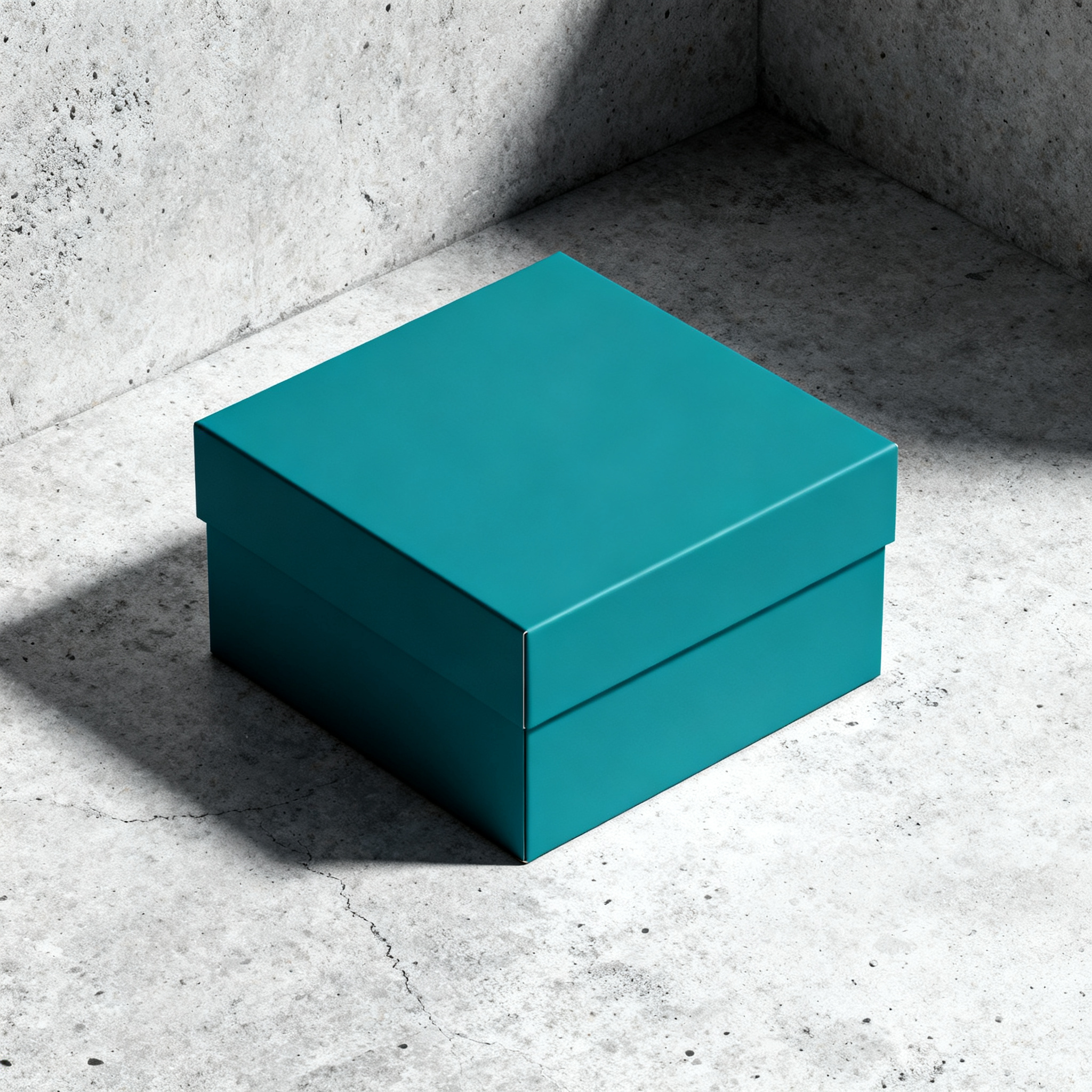 Isometric packaging mockup, matte teal box on raw concrete, crisp studio lighting, minimal