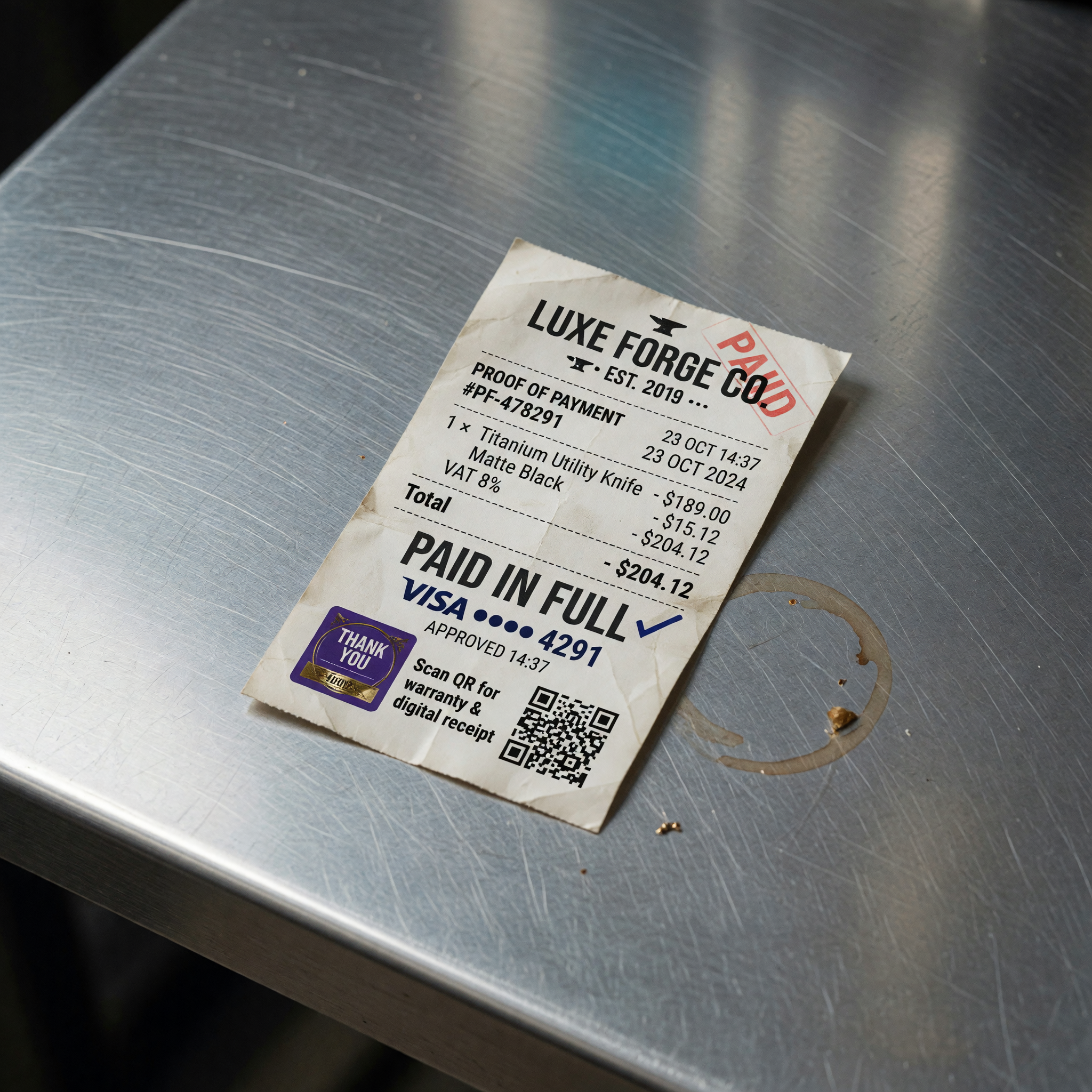 A compact proof-of-payment receipt on a stainless steel workbench, premium product photograph